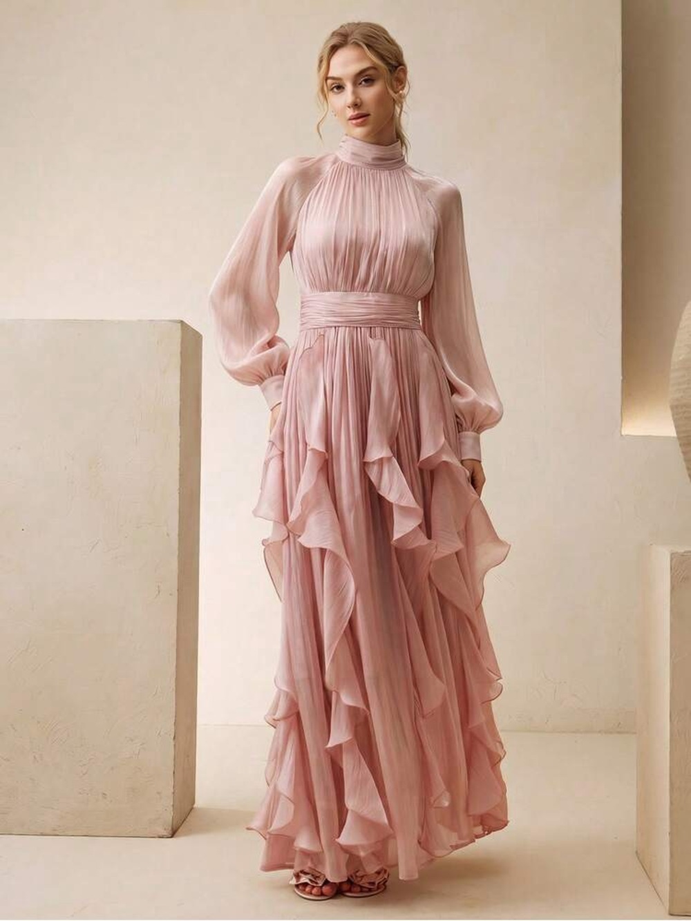 Anewsta Pink Ruffle Maxi Dress S NWT